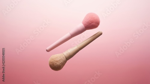 Two cosmetic makeup brushes floating on pink background