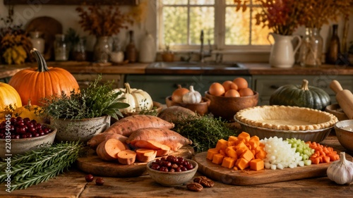 Thanksgiving 2026 Cooking Preparation with Seasonal Ingredients in Rustic Kitchen