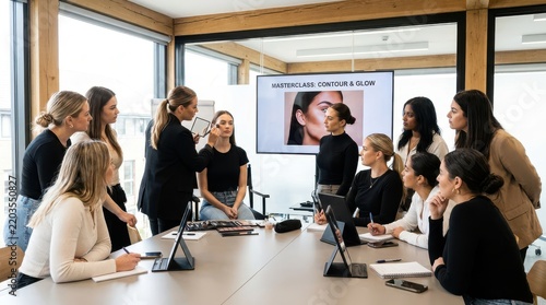 Professional makeup artist teaching contouring techniques in masterclass