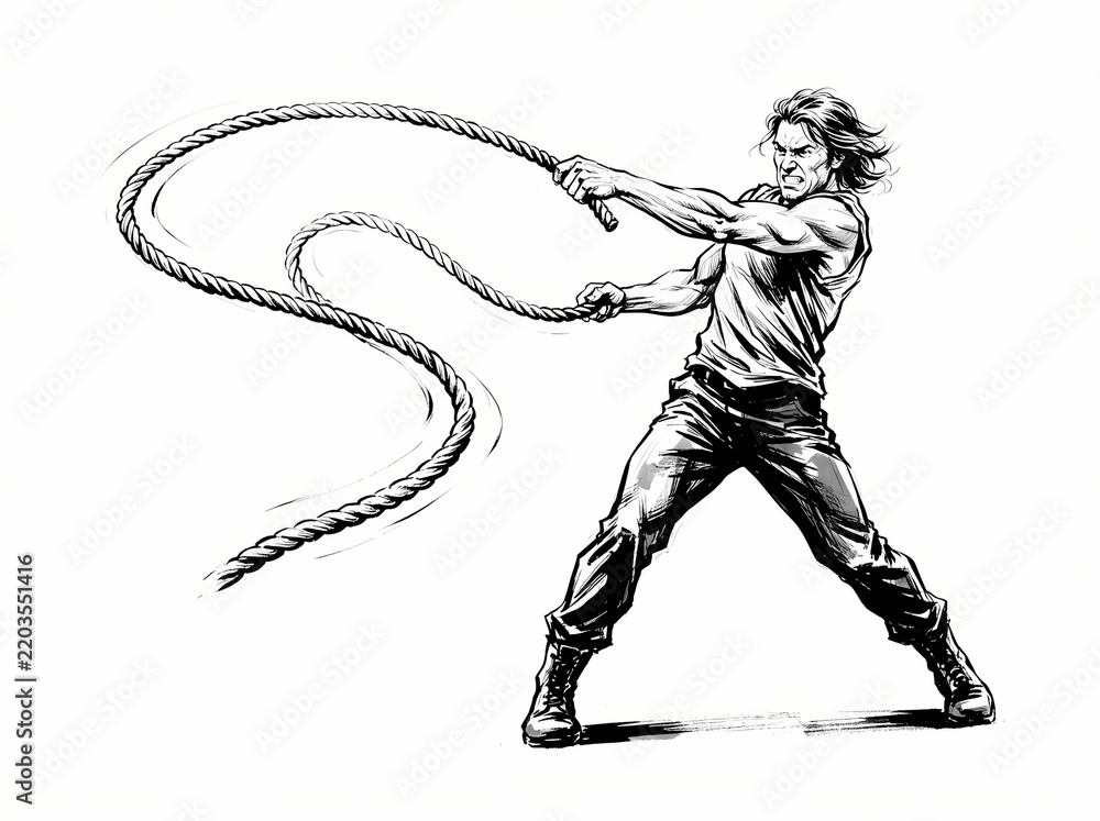 Fototapeta premium A black and white ink illustration of a man swinging a long rope.