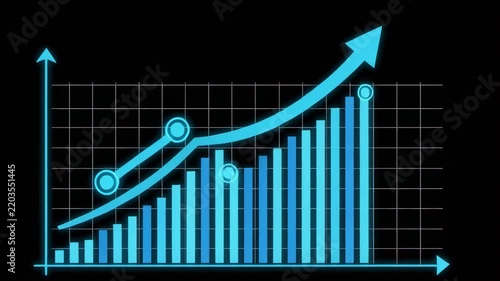Blue bar graph ascending with arrow showing positive growth during a business presentation