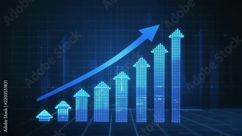 Blue Bar Graph Ascending Upward Trend with Digital Grid Background and Subtle Light Rays