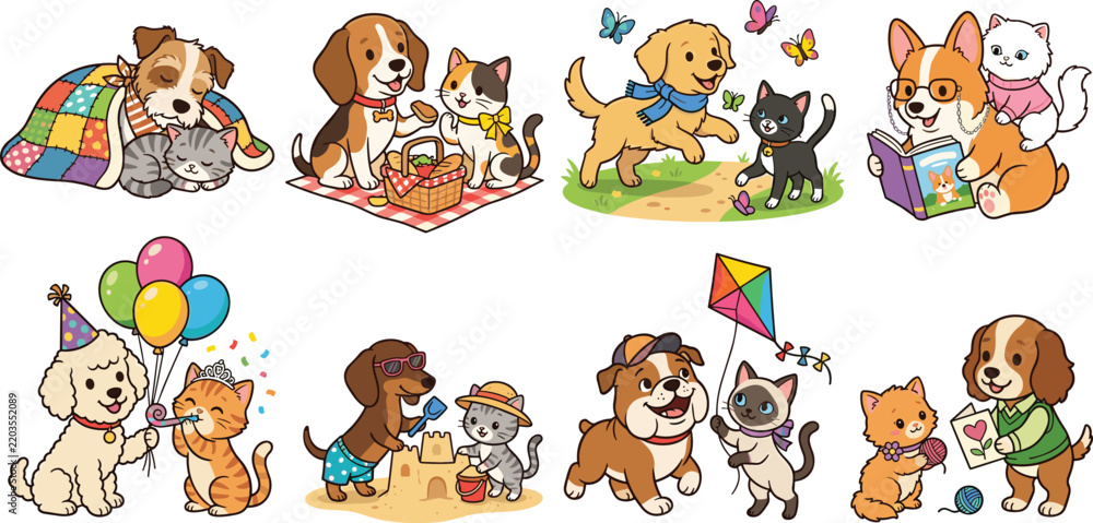 Obraz premium Cute Dogs and Cats Friendship Cartoon Vector Collection with Playful Adventures and Everyday Activities