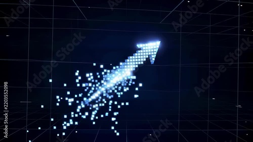 Blue digital arrow ascends from cubes dissolving into particles against dark grid background