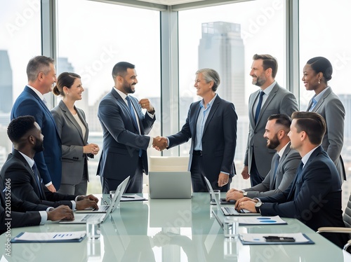 Business partnership and agreement concept: Executive team handshake over conference table in corporate office.