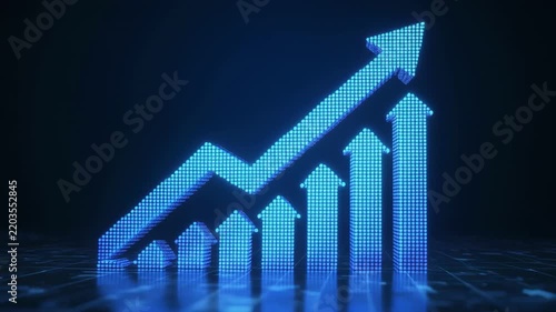 Blue financial growth chart with upward arrow rising against dark textured background with subtle lighting