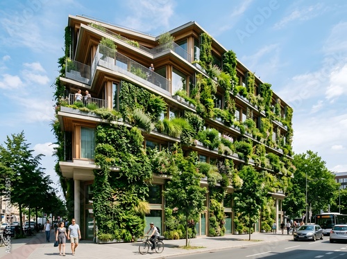 Modern sustainable building with green vertical garden facade on an urban city street.