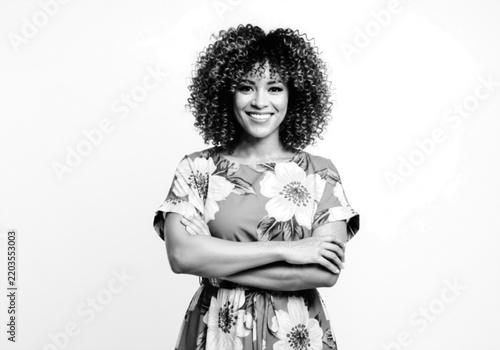 Woman with curly hair posing confidently isolated on white background Vector, illustration