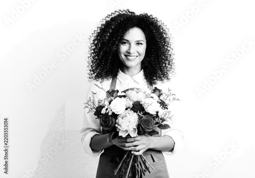Smiling woman holding a camera with a blurred creative background Vector, illustration