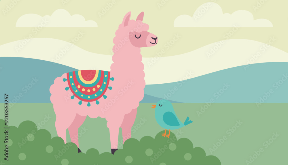 Fototapeta premium Cute pink llama with a colorful decorative saddle blanket standing next to a small blue bird in a tranquil outdoor landscape.