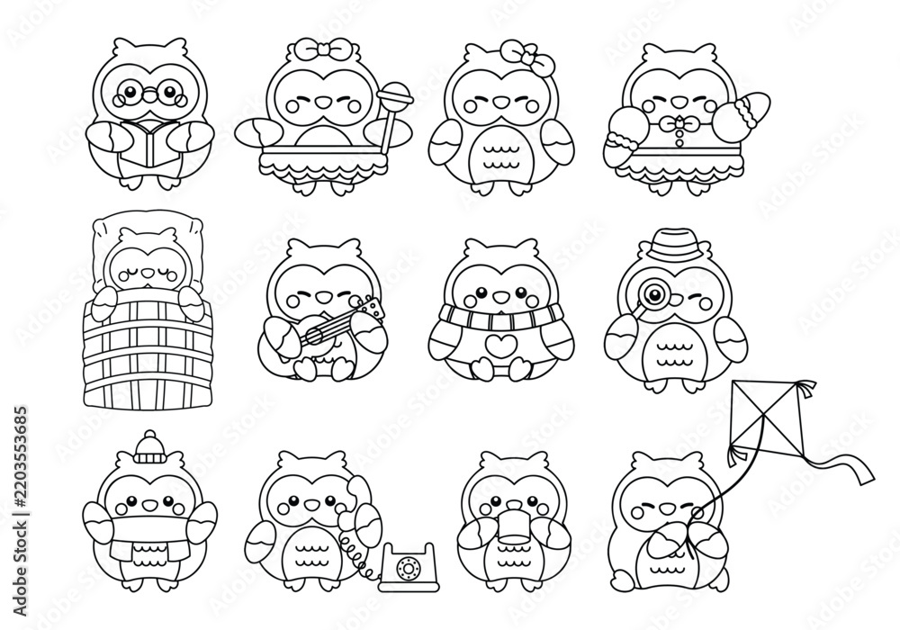 Fototapeta premium Cute kawaii outline owl characters set with glasses and kite