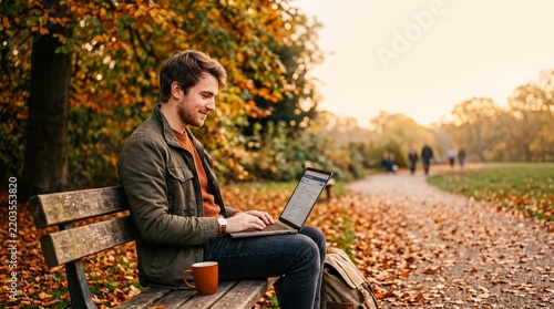 Young Caucasian man working on laptop sitting on bench in autumn park