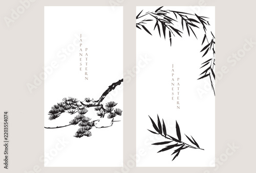 vector illustration of silhouette of a bonsai tree and bamboo branch with Chinese painting