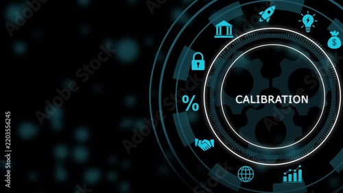 Digital calibration interface featuring rotating mechanical gears and futuristic hud with financial for corporate business analytics, technology optimization, and industrial process management