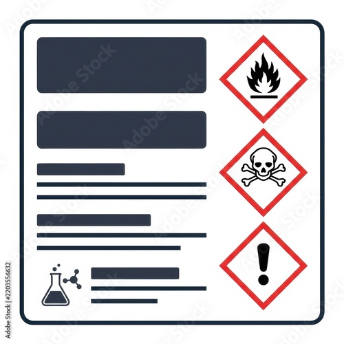 Safety labels show hazard pictograms for chemicals in a laboratory to provide clear warnings about dangers and required actions