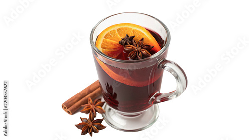 Glass mug of warm mulled wine with cinnamon isolated on transparent background