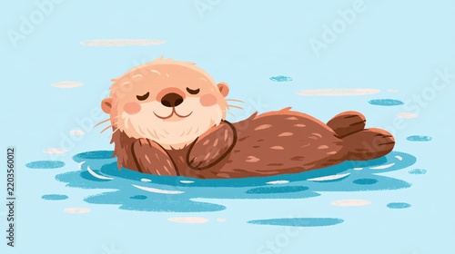 Cute cartoon illustration of a happy sea otter floating peacefully in water