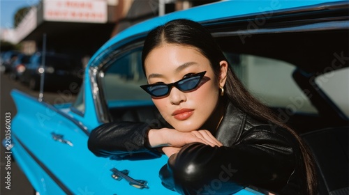 Stylish asian woman in sunglasses leaning on blue vintage car