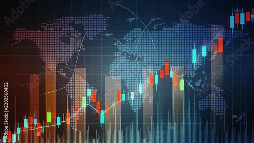 Candlestick Chart Animation with World Map Overlay during Global Market Fluctuations