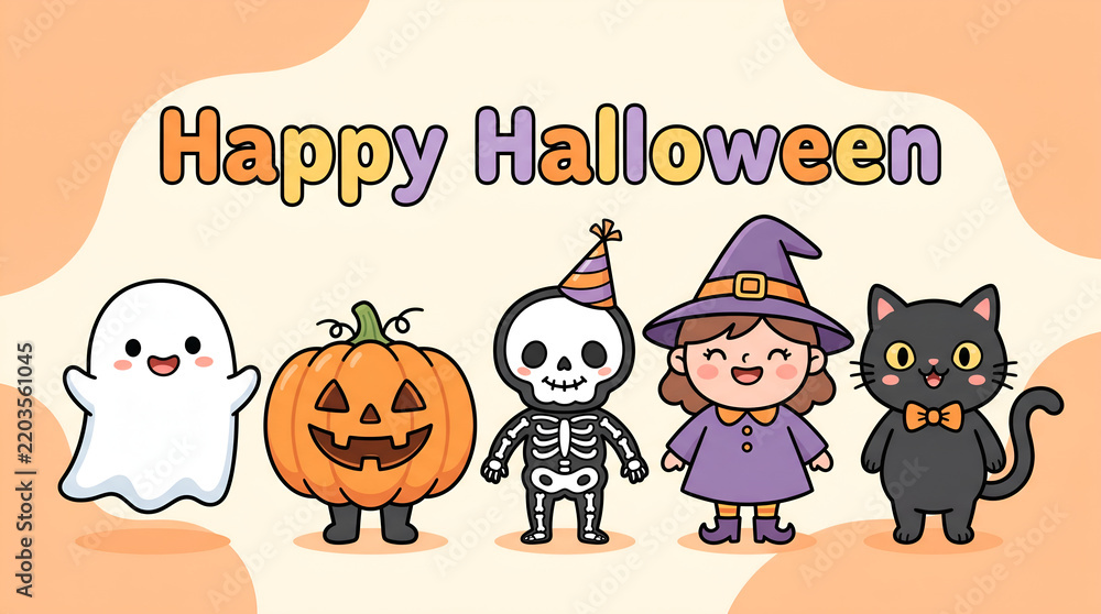Fototapeta premium Halloween-themed cartoon characters performing a musical ensemble with instruments in vibrant orange background