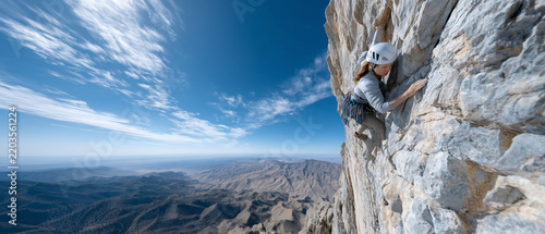 Female Rock Climber Ascending Dramatic Cliff — Adventure Sports and Landscape Portrait

