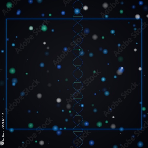 Abstract digital dna double helix structure floating in dark space with glowing particles