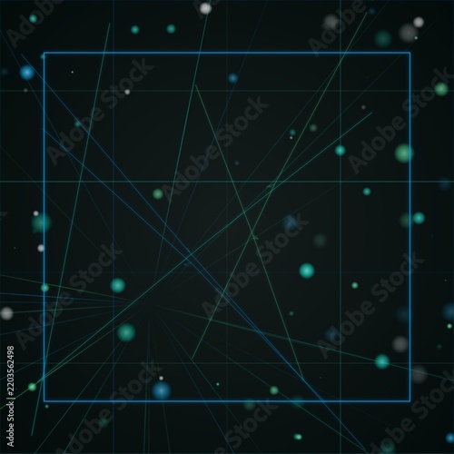 Network of intersecting geometric light rays in dark blue space with floating spheres