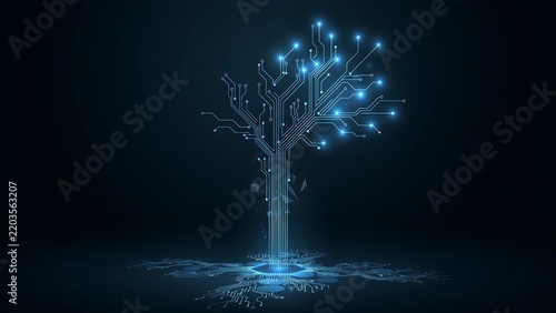 Futuristic circuit tree glowing in dark space background