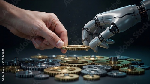 Human hand and robotic hand placing circuit board chip together
