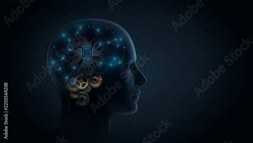 Human head with brain circuit gears and futuristic technology