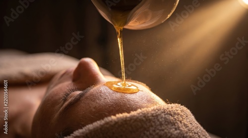 Ayurvedic Shirodhara treatment with warm herbal oil pouring on forehead.