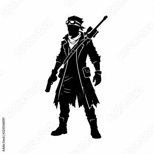 Silhouette of a rugged post-apocalyptic survivor holding a handgun with a sniper rifle strapped to his back, featuring tactical gear and a long coat, isolated on a white background.