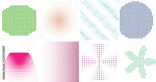 Collection of various colorful halftone dot patterns and geometric shapes on white background