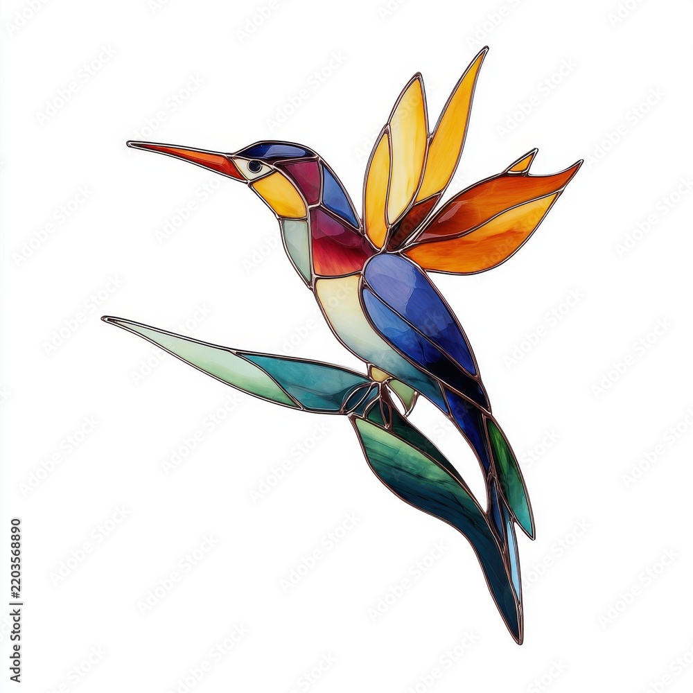 Fototapeta premium Vibrant Stained Glass Style Hummingbird Illustration With Colorful Wings On White Background