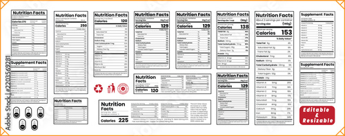 Nutrition label, nutrition facts and supplement labels collection vector format for food information panel Vector templates. US FDA Standard. Food packaging.