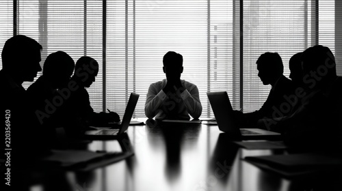 Business professionals meeting, discussing strategy in boardroom silhouette