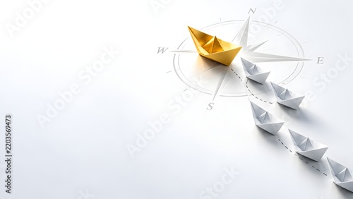 Gold paper boat leading white boats across compass rose symbolizing business leadership and strategic direction