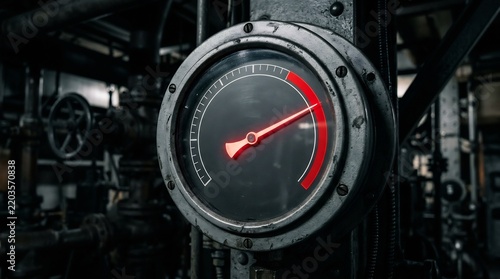 old industrial pressure gauge with red pointer at critical level