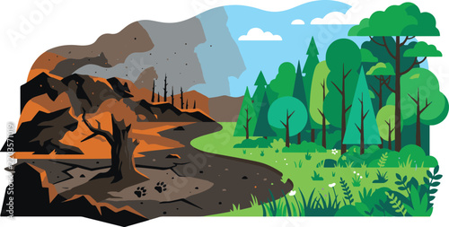 Burnt Forest Landscape Transitioning to Green Forest Illustration