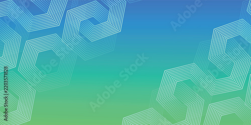 Green and blue gradient background with hexagon geometric lines pattern. Abstract shiny hexagon lines. Futuristic technology concept