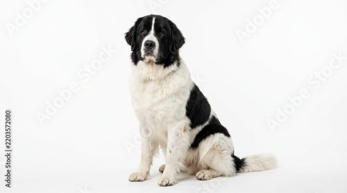 Majestic Newfoundland Dog Sitting Portrait, Black and White Coat, Studio Shot