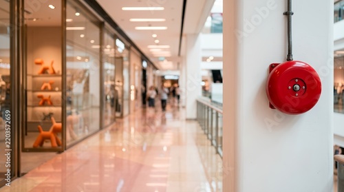 Red fire hose reel mounted on a pillar in a modern shopping mall corridor, symbolizing public safety and emergency preparedness in a commercial retail environment