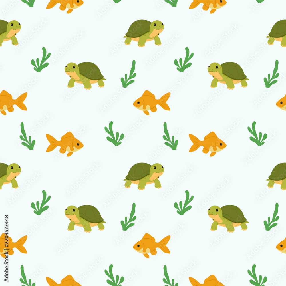 Obraz premium Cute Turtle and Goldfish Seamless Pattern with Aquatic Plants