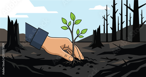 Hand Planting Green Sapling in Burnt Forest Illustration