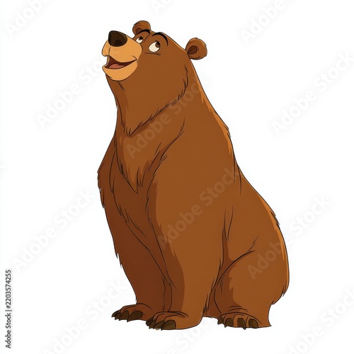 Friendly Cartoon Brown Bear Sitting And Looking Upwards On A Clean White Background