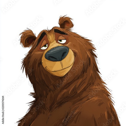 Friendly Brown Bear Cartoon Illustration With Skeptical Expression On Isolated White Background