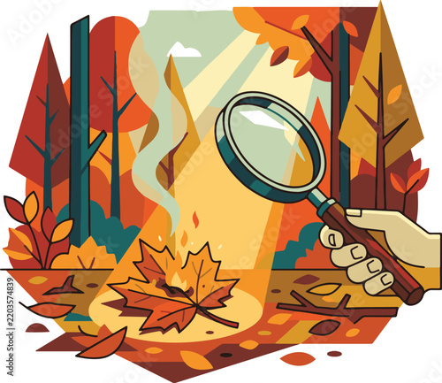 Magnifying Glass Focusing Sunlight Igniting Dry Autumn Leaf Illustration