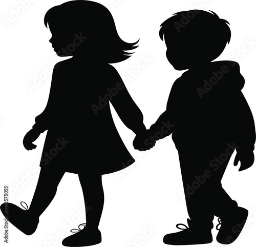 Silhouette of a little boy and girl holding hands, walking together isolated on white background