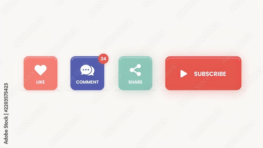 Obraz premium Digital social media interaction buttons featuring like comment share and subscribe icons in soft pastel colors
