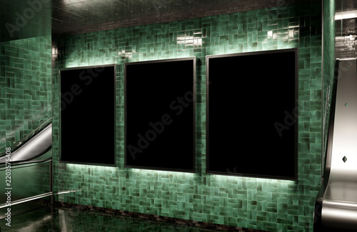 Three empty billboards on underground wall Mockup. Vertical hoardings in dark green subway station. 3D rendering